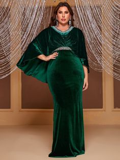 Yisikado Plus Pearl Beaded Detail Cloak Sleeve Velvet Party Dress-FSSN1230 Wedding Guest Cocktail Attire, Ankle Length Dresses, Evening Dresses Casual, Affordable Formal Dresses, Casual Wedding Dresses, Velvet Party Dress, Machine Pattern, Plus Size Formal, Plus Size Formal Dresses