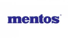 the logo for mentos is shown on a white background with blue letters and an image of