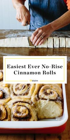 a person cutting cinnamon rolls in half on a table with the words easyest ever no - rise cinnamon rolls