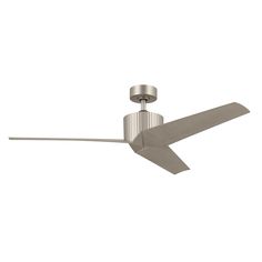 a ceiling fan that is on top of a white wall and has two blades attached to it