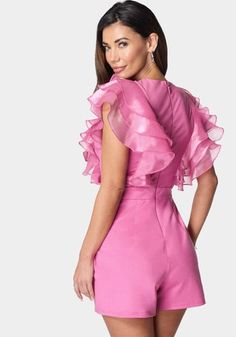 Organza Ruffle Romper Fitted V-neck Jumpsuit With Ruffles, Glamorous Fitted Jumpsuit With Ruffles, Glamorous Fitted Jumpsuits And Rompers With Ruffles, Pink Party Jumpsuits With Ruffles, Pink Party Jumpsuits And Rompers With Ruffles, Spring Jumpsuits And Rompers With Ruffled Straps, Elegant Spring Jumpsuits And Rompers With Ruffles, Flirty Ruffled Jumpsuit For Date Night, Chic Spring Jumpsuits And Rompers With Ruffled Straps