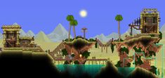 an image of a computer game scene with mountains and trees in the background, as well as palm trees