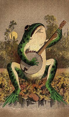 a frog with a guitar in its mouth is sitting on the ground and holding it's tail