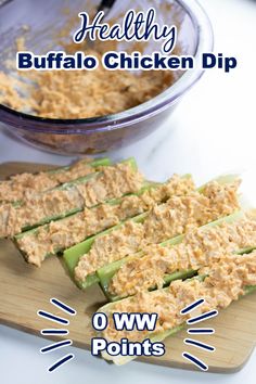 healthy buffalo chicken dip recipe on a cutting board