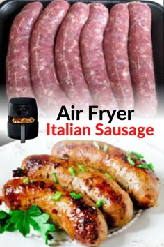 an air fryer is shown with sausages on it