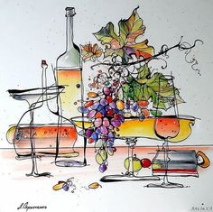 a painting of wine and grapes on a table