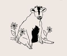 a black and white drawing of a cow sitting in the grass with daisies around it