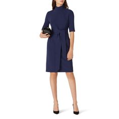 Blue stretch jersey (95% Polyester, 5% Spandex). Hourglass. Short sleeves. High neckline. Center back zipper closure. Fully lined. 38" from shoulder to hemline. Imported. Tie Waist Dress, Pattern Images, Rent The Runway, Blue Ties, Blue Tie, Red Prom Dress, Waist Dress, Fall Wardrobe, Relaxed Style