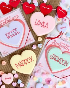 valentine's day cookies with name tags and hearts