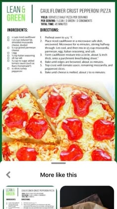 a pizza with pepperoni on it is shown in this ad for lean & green