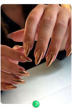 Vibrant copper chocolate chrome nails with a bright, reflective finish. Perfect for those who enjoy bold, eye-catching designs with a luxurious and polished look. Medium Almond Nails, Press On Nails Almond, Chrome Manicure, Nails Medium Length, Elegant Manicure, Velvet Nails, Nails Stiletto