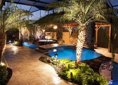 an outdoor swimming pool surrounded by palm trees and landscaping lighting up the night time area