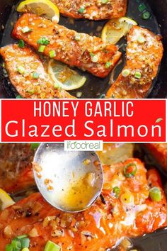 honey garlic glazed salmon in a skillet with lemon wedges and scallions