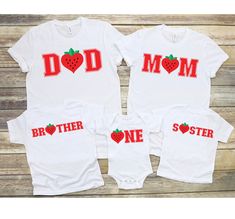 These funny matching family shirts are the perfect shirts for any family celebrating a birthday!  Baby Onesies: 3-6m, 6-9m, 9-12m, 12-18m, 18-24m Dress your baby to the nines with this 100% cotton one piece. It has three snap leg closure for easy changing, a comfortable envelope neckline, and a beautiful print that's bound to get the baby all happy and giggling. - 100% soft cotton* - Comfortable envelope neckline - Three snap leg closure Toddler Tees: 2T, 3T, 4T, 5T Let your child do their thing Strawberry Tshirt, Strawberry Theme, First Birthday Shirt, Berry First Birthday, First Birthday Shirts, Family Shirts Matching, 1st Birthday Party, Toddler Tees, Birthday Shirt