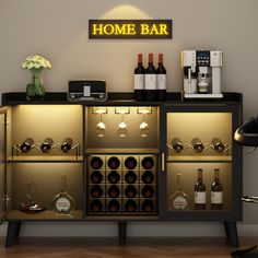 a home bar with wine bottles and glasses on the cabinet, next to a lamp