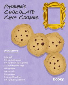 the recipe for chocolate chip cookies is shown in front of a purple background with an ornate frame