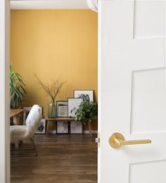 an open door leading to a living room with a chair and potted plant in the corner