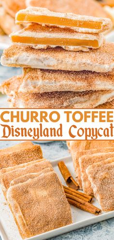 churro toffee disneyland cupcakes on a plate with cinnamon sticks and powdered sugar