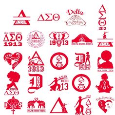 various red and white logos are shown on a white background with the words delta in different languages