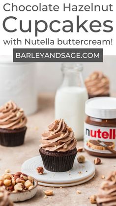 chocolate hazelnut cupcakes with nutella buttercream on a white plate