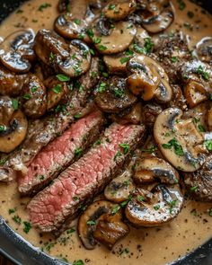 steak with mushrooms and mushroom gravy in a skillet