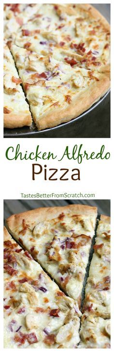 the chicken alfredo pizza is sliced and ready to be eaten