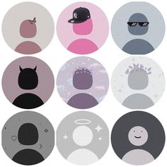 six circular stickers with different faces and hats on them, all in various colors