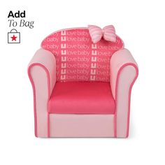 a pink baby chair with a bow on it's head and the words lovebaby loveseat