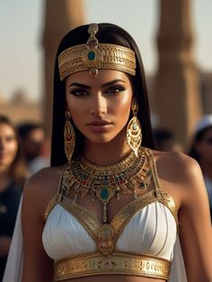 a woman in a white and gold outfit with jewels on her head, standing next to other people