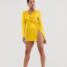 New With Tags ! , Fits Small More Like A 14 Long Sleeve Mini Dress For Brunch And Party Season, Glamorous Yellow Dress For Date Night, Yellow V-neck Dress For Party, Yellow V-neck Party Dress, Chic Yellow Dress For Party Season, Yellow Long Sleeve Midi Dress For Party, Glamorous Spring Mini Dress For Day Out, Flirty Yellow Mini Dress For Evening, Glamorous Mini Dress For Spring Day Out