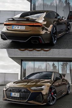 two different views of the front and back of an audi sports car with camouflage paint on it