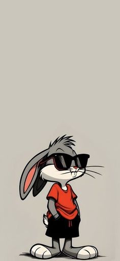 a cartoon rabbit with sunglasses on it's head, wearing a red shirt and black pants