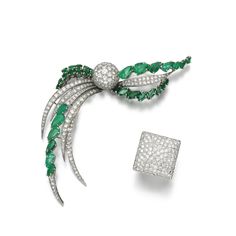 Emerald and diamond brooch and diamond ring, Cartier Comprising: a brooch, of spray design, set with circular-cut and pear-shaped emeralds and brilliant- and single-cut diamonds; and a ring, pavé-set with brilliant-cut diamonds, size L, signed Cartier, numbered, French assay and maker's marks. Cartier Brooch, Cartier Emerald, Color Esmeralda, International Jewelry, Cartier Jewelry, Brooch Necklace, Diamond Brooch, Emerald Jewelry, Fine Jewels