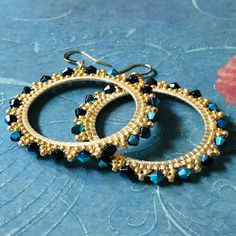 Hoop Earrings Seed Bead Dangles Large Frosted Blue and Gold - Etsy Jewelry Making Patterns, Diy Seed Bead Earrings, Blue Beaded Earrings, Bead Dangles, Crystal Bead Jewelry, Types Of Earrings, Crystal Hoop Earrings, Jewelry Crystal, Homemade Jewelry