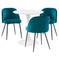 three chairs around a white table with blue upholstered chairs