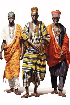 three african men standing next to each other wearing colorful clothing and headgear on their heads