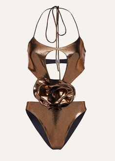 Effortlessly turn heads in this chic and stylish 3D Flower Decor Halter Metallic One-Piece Swimsuit. The halter design offers comfortable support while the bronzed metallic fabric adds a touch of glamour. With its intricate 3D flower decoration, you'll feel confident and fashionable at the beach or pool. *Return and exchange are not supported Chic Gold Halter Neck Swimwear, Luxury Gold Swimwear For Party, Elegant Gold Swimwear For Summer, Luxury Gold Swimwear For Summer, Gold Summer Evening Swimwear, Gold Evening Swimwear For Summer, Gold Party Beachwear Swimwear, Gold Halter Neck Swimwear For Party, Gold Halter Neck Fitted Swimwear