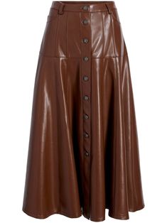 coffee brown panelled design front button fastening belt loops two rounded pockets to the sides high-waisted straight hem mid-length Yoke Skirt, Brown Suede Skirt, Skirt Coverup, Button Up Skirts, Short Denim Skirt, Evening Tops, Denim Outerwear, Suede Skirt, Tank Top Camisole