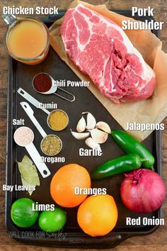 an image of meat and vegetables on a tray with the ingredients to make it up