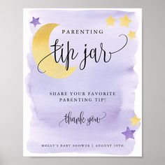 a purple and yellow watercolored baby shower sign