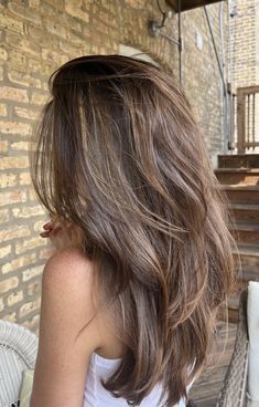 Long layers, highlights, brunette balayage, blowout, 90s haircut, hair cut, brunette, honey brown, layer hair cut, hair cut inspo, summer hair, brunette hair, layers, hair inspo, balayage Hair Inspo Brunette Highlights, Hair Inspo Brown Highlights, Layers And Highlights Brunettes, Summer Hair Inspo Color Brunette, 90s Balayage, Long Brunette Layers, Brown Layers Hair, Highlights Brown Hair Layers, Neutral Highlights On Brown Hair