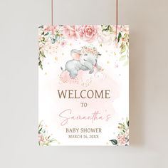 a welcome sign with an elephant and flowers hanging from it's side on a wall