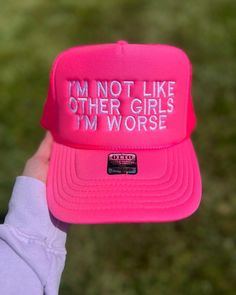 Trucker Hat Stay cool and show off unique style with this I'm Not Like Other Girls I'm Worse Trucker Hat. This made-in-house hat is perfect for spring and summer days, especially for girls' nights out. The statement on the cap will surely turn heads and get conversations going. Be prepared to stand out. BULK ORDERS 6 PCS OR MORE! - PLEASE CONTACT US FOR A DISCOUNT CODE BEFORE ORDERING 6 PIECES= 30% OFF 12 PIECES = 40% OFF 24 PIECES = 50% OFF 48 PIECES = 55% OFF 96+ PIECES = 60% OFF All discounts Spring Cotton Trucker Hat With Flat Bill, Spring Hip Hop Trucker Hat For Streetwear, Spring Hip Hop Snapback Baseball Cap, Novelty Flat Bill Hat With Letter Print, Hip Hop Adjustable Baseball Cap For Spring, Summer Pink Dad Hat For Streetwear, Summer Hats With Letter Print And Flat Bill, Summer Flat Bill Hats With Letter Print, Pink Letter Print Snapback Hats