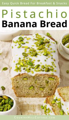 a loaf of pistachio banana bread with white icing