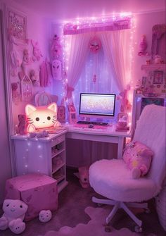 a room with a desk, chair and computer in the corner is lit up by pink lights