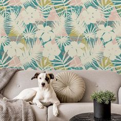 a dog laying on a couch in front of a wallpaper