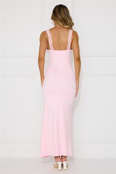 Length from shoulder to hem of size S: 133cm. Chest: 38cm, Waist: 30cm, across front only of size S. Maxi dress. Lined. Model is a standard XS and is wearing size XS. True to size. Stretch. Lace trim to shoulder straps/neckline. Tie detail to neckline. Padding. Slip on. Cold hand wash only. Cotton/Polyester. Embrace style with the Romance Delight Maxi Dress. Crafted with a luxuriously stretchy silhouette and adorned with lace to the shoulder straps and neckline. Elevate your look with heels for Pink Fitted V-neck Beach Dress, Pink Lace Maxi Dress With V-neck, Pink V-neck Breezy Maxi Dress, Pink V-neck Stretch Maxi Dress, Pink Maxi Dress, Lace Trim, Models, Romance, Maxi Dress