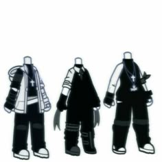 three cartoon characters are standing side by side, one is wearing a black jacket and the other has a white shirt