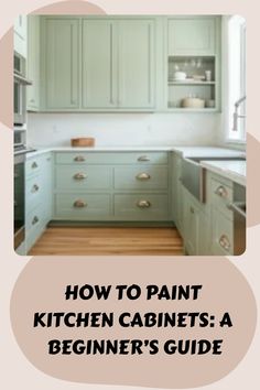 the kitchen cabinets are painted in light green and have gold trimmings on them