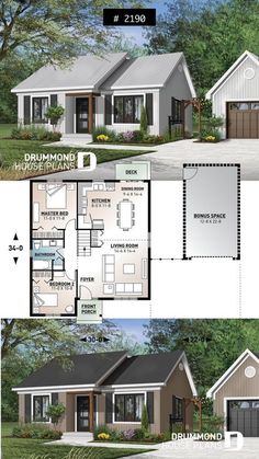 two story house plans with garage and living room on the first floor are shown in this image